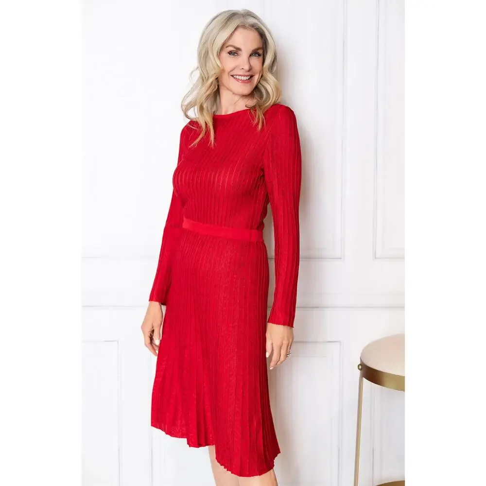 Ming Wang Fit-N-Flare Tonal Stitch Knit midi Dress red sz small $275